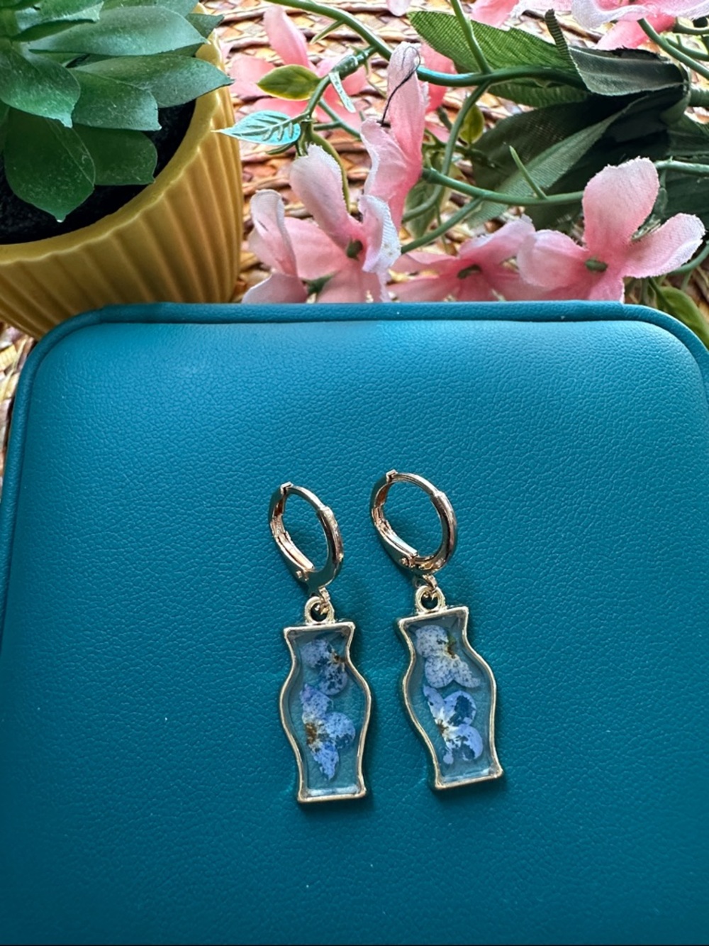 Gold Floral Resin Drop Earrings - Blue Inlay